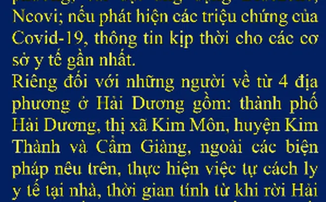 Người về Hà Nội từ 4 địa điểm này ở Hải Dương phải cách ly từ ngày 3/3